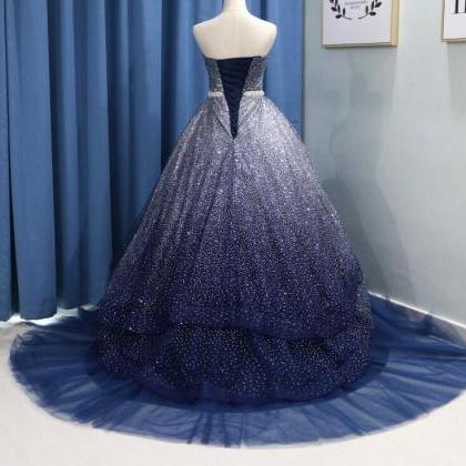 Plus Size Navy Blue Sequin A Line Long Prom Dress..