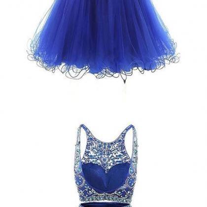 Charming Two Pieces Royal Blue Beaded Short..