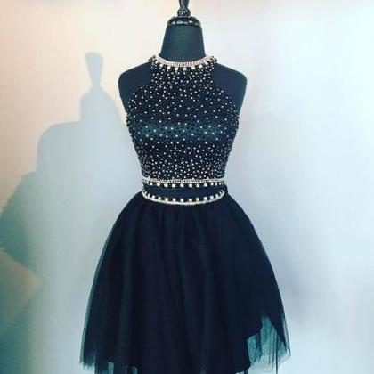 Charming Two Pieces Black Beaded Short Homecoming..