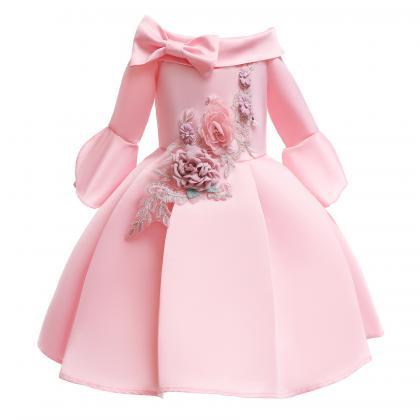 Fashion Pink Embroidery Short Flower Girls Dress..