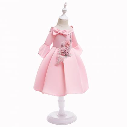 Fashion Pink Embroidery Short Flower Girls Dress..