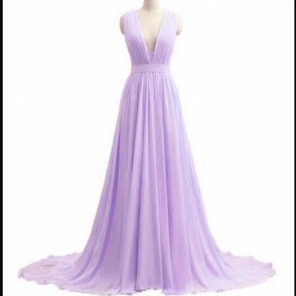 Sexy A Line V-neck Lavender Chiffon Ruched Long..