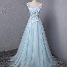 Off Shoulder Light Blue Lace Formal Evening Dress..