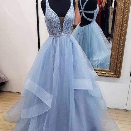 Sexy Backless Light Blue Tulle Beaded Long Prom..