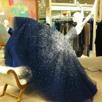 Charming Dark Blue Beaded Ball Gown Prom Dresses..