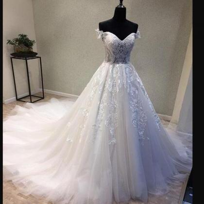 White Tulle Lace Ball Gown Wedding Dresses With..