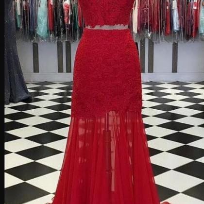 Red Two Pieces Lace Prom Dress A Line Wedding..