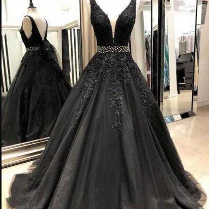 Charming Black Tulle Lace Prom Dresses Crew-neck..