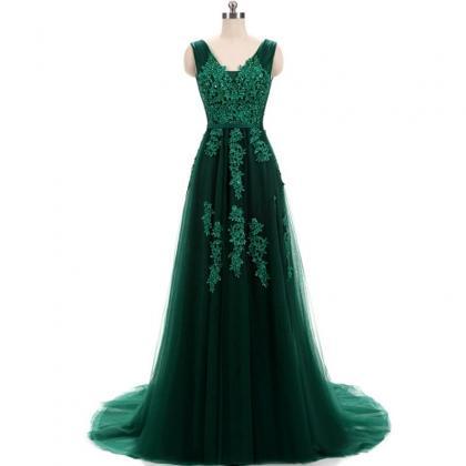 Sexy A Line Green Tulle Lace Prom Dress Off..
