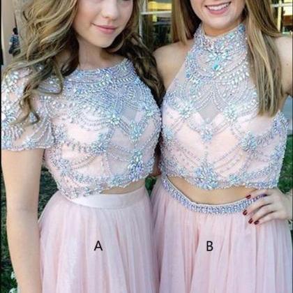 Two Pieces Beaded Light Sky Blue Tulle Long Prom..