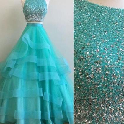 Two Pieces A Line Beaded Long Prom Dress Plus Size..