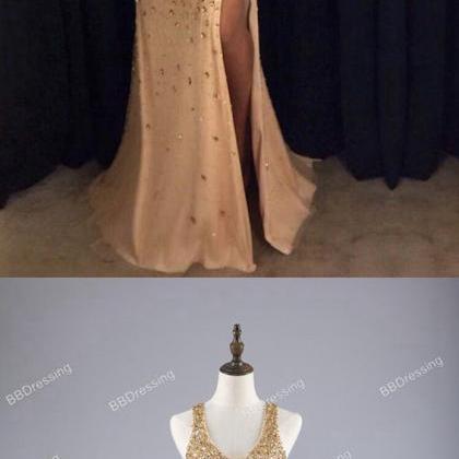 Gold Tulle Mermaid Prom Dress Beaded Crystal..