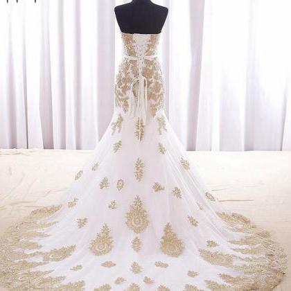 White Tulle Mermaid Prom Dress With Gold Lace..