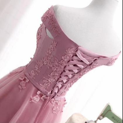 A Line Tea Length Pink Tulle Lace Homecoming Dress..