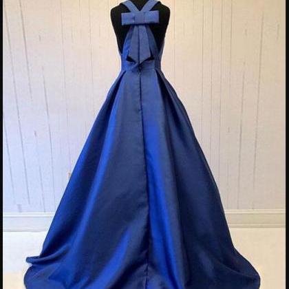 Sexy Halter Neck Dark Blue Satin Long Prom Dress A..