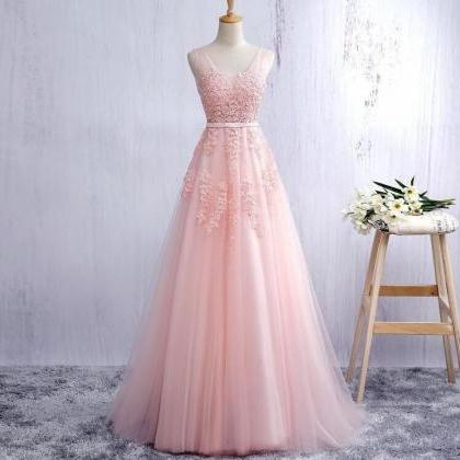Plus Size Pink Tulle Lace Long Prom Dress V-neck..