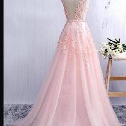 Plus Size Pink Tulle Lace Long Prom Dress V-neck..
