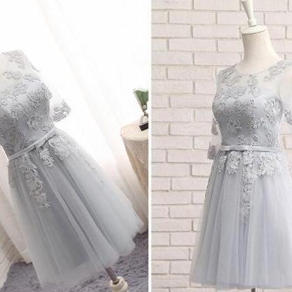 Fashion A Line Silver Lace Prom Dress With Short..