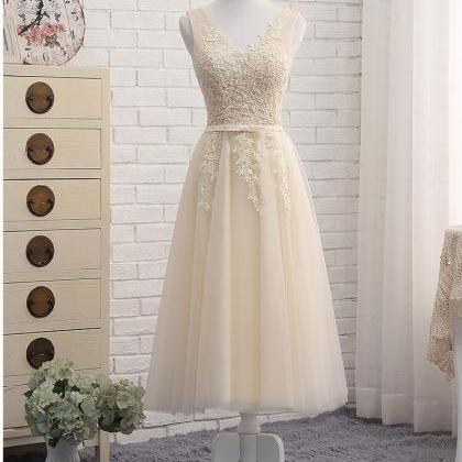V-neck Tea Lenght Light Champagne Lace Prom Dress..