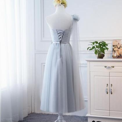 Sexy One Shoulder Silver Tulle Tea Length..