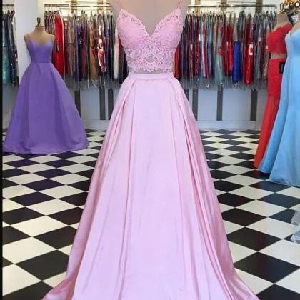 Two Pieces Pink Lace A Line Long Prom Dress A Line..