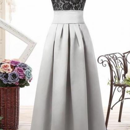 Light Gray Satin Long Prom Dress With Black Lace..