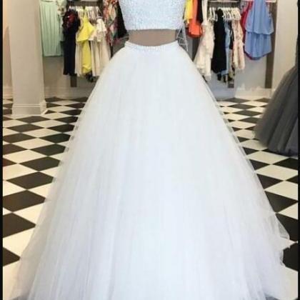 Charming Beaded Two Pieces White Tulle Long Prom..