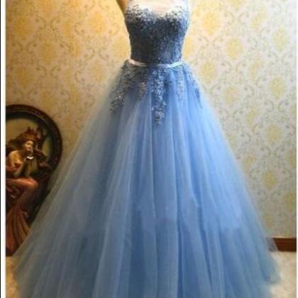 Blue Lace A Line Long Prom Dress Custom Made Women..