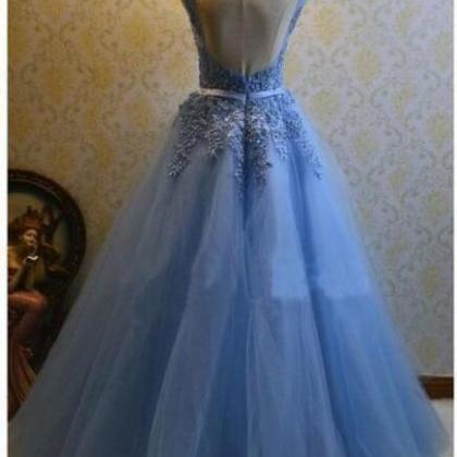 Blue Lace A Line Long Prom Dress Custom Made Women..