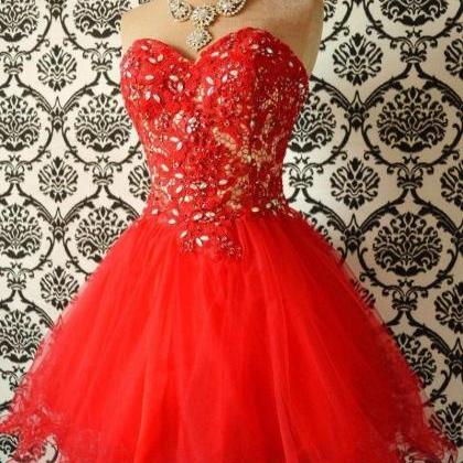 Red Lace Short Prom Dress, Short Cocktail Gowns ,..