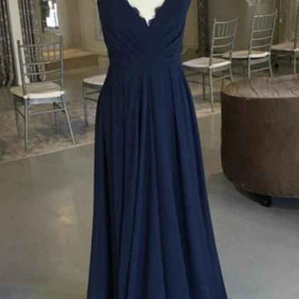 Navy Blue Chiffon V-neck Long Prom Dress Backless..