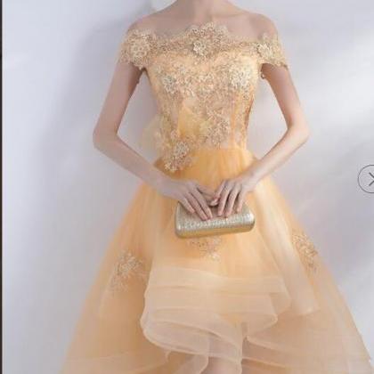 Light Gold Tulle High Low Prom Dresses With Lace..