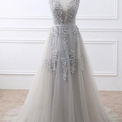 Sexy Light Gray Lace Appliqued Long Prom Dresses..