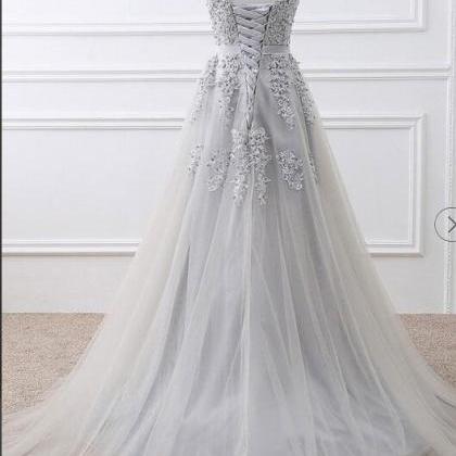 Sexy Light Gray Lace Appliqued Long Prom Dresses..