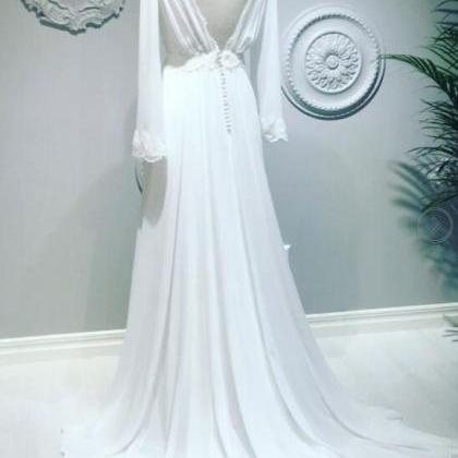 White Chiffon Long Sleeve Prom Dress V-neck Women..