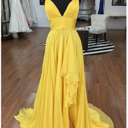 Yellow Chiffon A Line Long Prom Dress Plus Size..