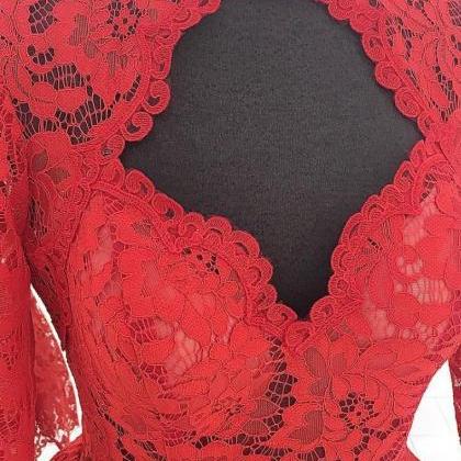 Sexy High Neck Red Lace Short Prom Dress With Long..