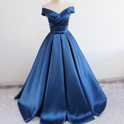 A Line Blue Satin Ruffle Long Prom Dress Custom..