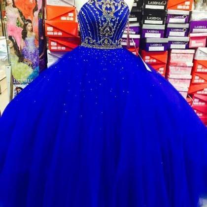 Custom Made Royal Blue Halter Beaded Ball Gown..