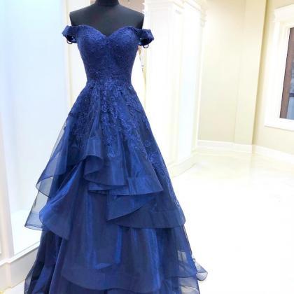 Sexy A Line Navy Blue Lace Long Prom Dress With..
