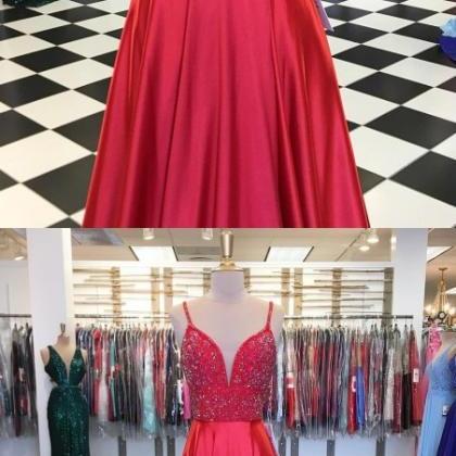 Sexy Red Satin Beaded Long Prom Dress Spaghetti..