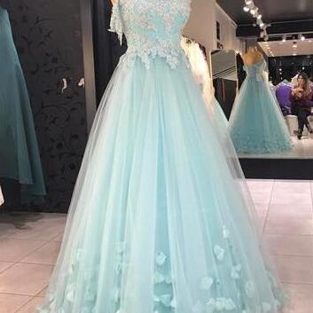 Sexy A Line Light Green Tulle Lace Prom Dresses..