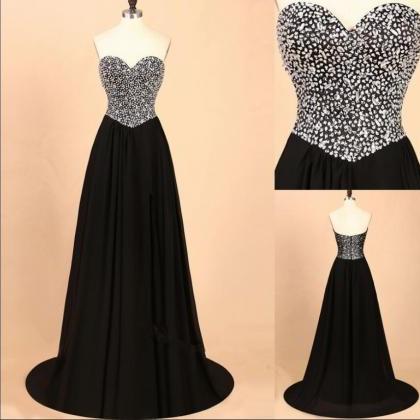Charming Black Beaded Crystal A Line Long Prom..