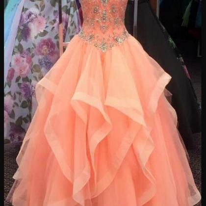 Charming Beaded A Line Orange Tulle Prom Dress,..
