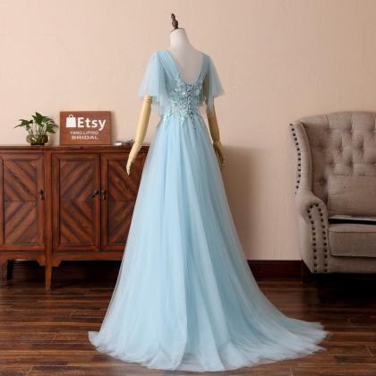 Custom Made A Line Light Blue Chiffon Prom Dresses..