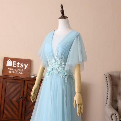 Custom Made A Line Light Blue Chiffon Prom Dresses..