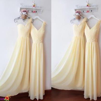 Light Yellow Chiffon Ruffle Long Bridesmaid Dress..