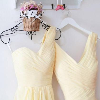 Light Yellow Chiffon Ruffle Long Bridesmaid Dress..