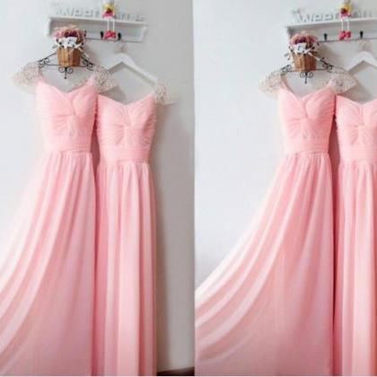 Pink Chiffon Beaded Ruffle Long Prom Dress A Line..
