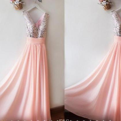 Stunning A Line Pink Chiffon V-neck Silver Sequin..